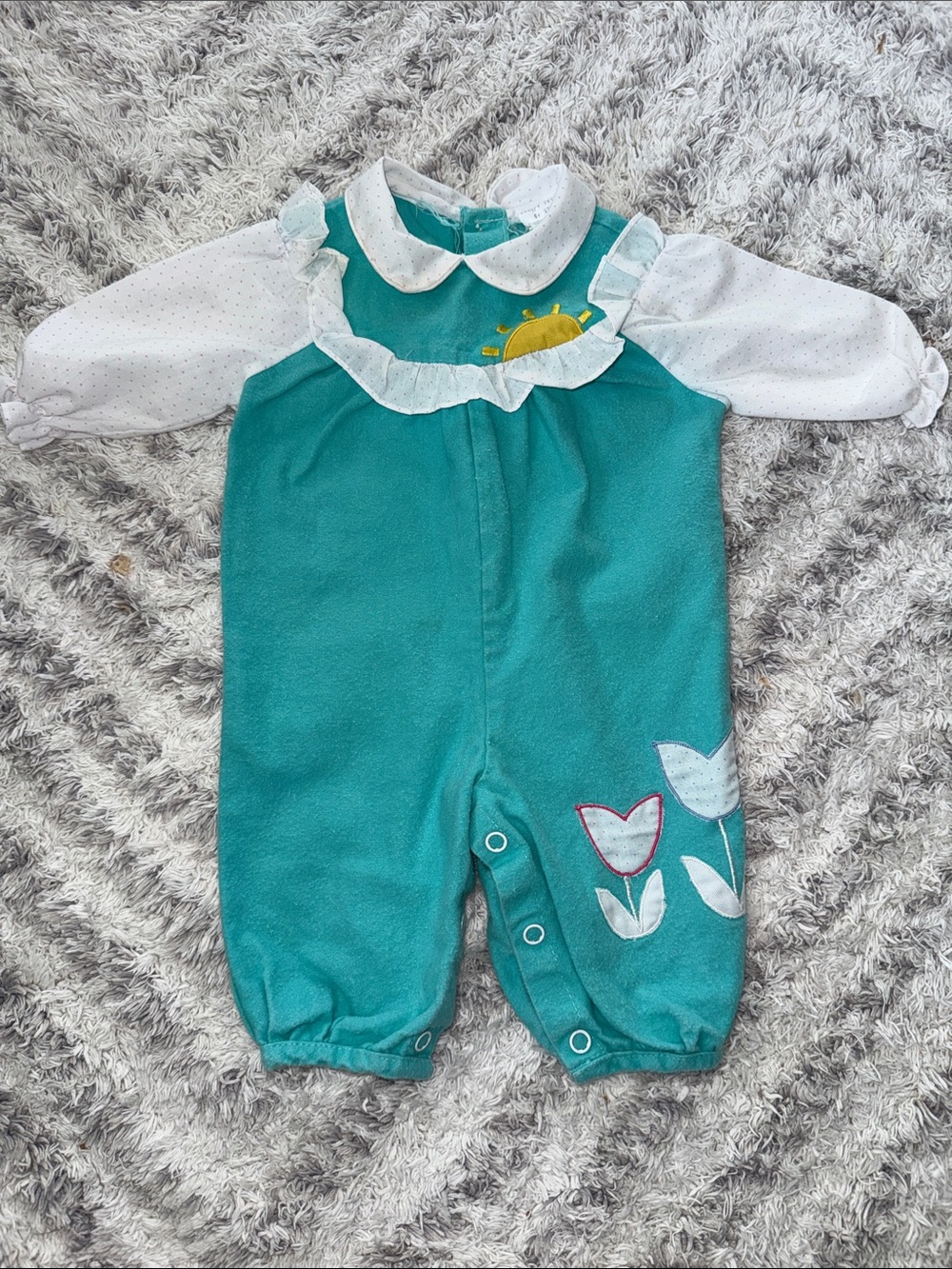 6m vintage 1970s Teal Baby Romper with Sun & Tulip Appliqués